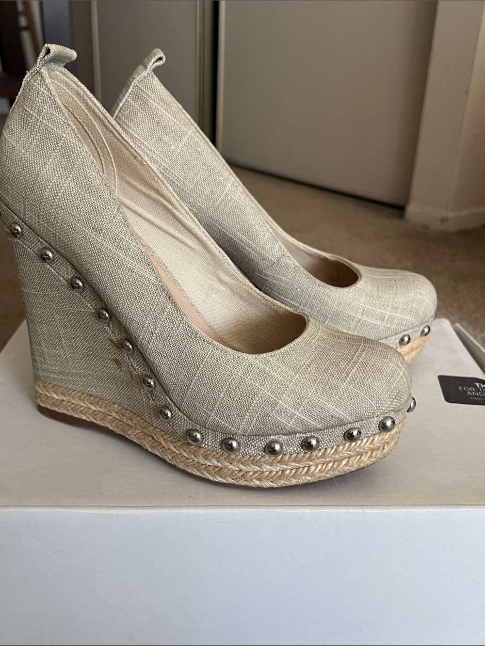 Wedge Espadrille Pumps in Natural Beige with Stud Detail - Women - Picture 1 of 4